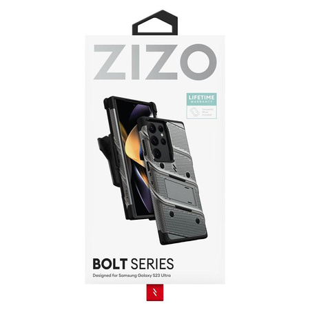 ZIZO BOLT sorozat - Samsung Galaxy S23 Ultra páncélozott tok 9H üveggel a képernyőhöz + tartó állvánnyal (szürke)