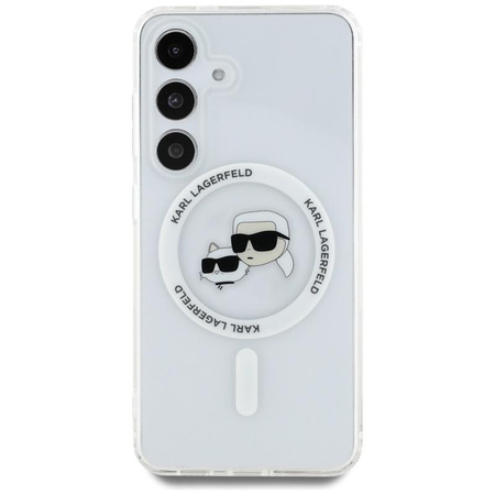 Karl Lagerfeld Button Karl & Choupette Heads Printed Logo MagSafe - Hülle für Samsung Galaxy S25+ (Weiß)
