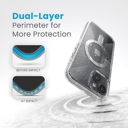Speck Presidio Lux Grip ClickLock & MagSafe - Hülle für iPhone 16e / iPhone 15 / iPhone 14 / iPhone 13 (Transparent / Platinglitzer / Chrom-Finish / Serene Silv