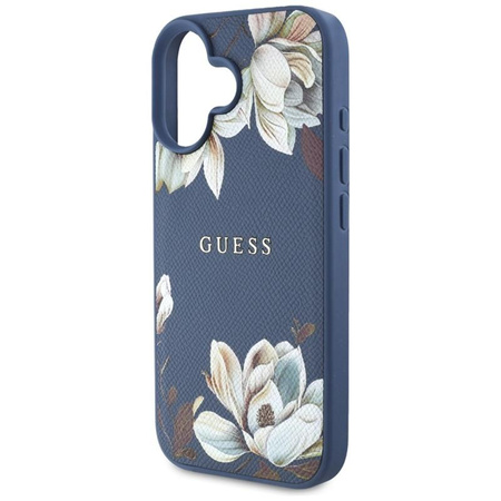 Guess Grained Flower Pattern MagSafe - étui pour iPhone 16 (bleu)
