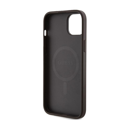 Guess 4G Collection Cuir Logo Métal MagSafe - Étui pour iPhone 15 Plus / 14 Plus (marron)
