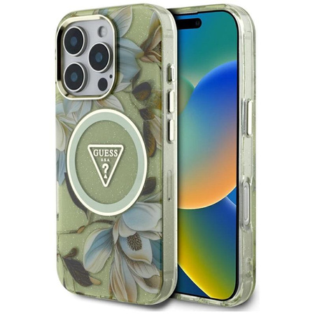 Guess Glitter Flowers Triangle Buttons MagSafe - Coque pour iPhone 16 Pro Max (vert)