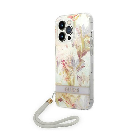 Guess Flower Cord - Etui avec dragonne iPhone 14 Pro Max (violet)