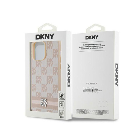 DKNY Leather Checkered Mono Pattern & Printed Stripes - Coque pour iPhone 14 Pro Max (rose)