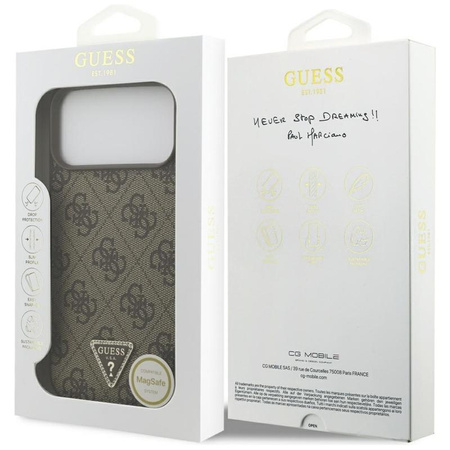 Guess Leather 4G Triangle Strass MagSafe - Pouzdro iPhone 17 Pro Max (hnědé)