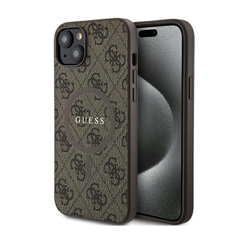 Guess 4G Collection Cuir Logo Métal MagSafe - Étui pour iPhone 15 Plus / 14 Plus (marron)