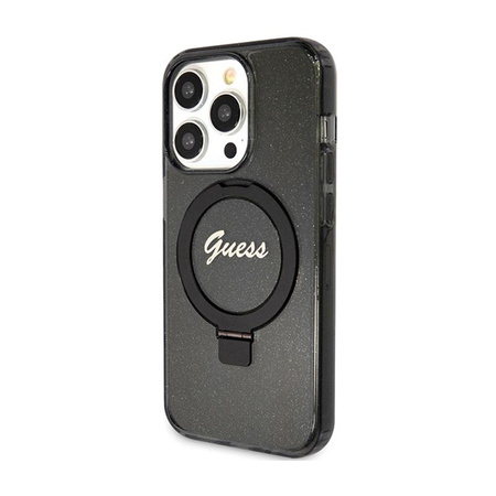 Guess Ring Stand Script Glitter MagSafe - iPhone 15 Pro Tasche (schwarz)
