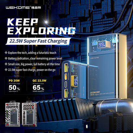 WEKOME WP-321 Vanguard Series - Powerbank 20000 mAh Super Charging PD 20W + QC 22.5W (Schwarz / Transparent)