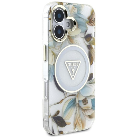 Guess Glitter Flowers Triangle Buttons MagSafe - étui pour iPhone 16 (blanc)