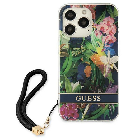 Guess Flower Cord - Etui avec dragonne iPhone 13 Pro Max (Bleu)