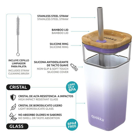 Quokka Liquid Cube - 540 ml Glass Cup with Stainless Steel Straw (Lilac Gradient)