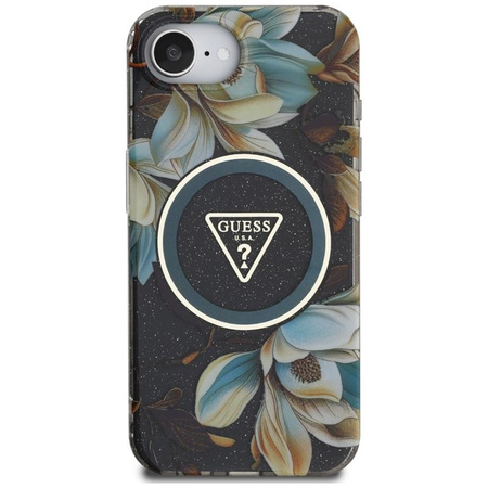 Guess IML Metal Glitter Flowers Triangle MagSafe - Case for iPhone 16e (black)
