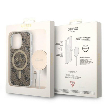 Guess Bundle Pack MagSafe 4G - Set aus hülle für iPhone 14 Pro Max + MagSafe Ladegerät (Braun/Gold)