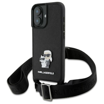 Karl Lagerfeld Saffiano Karl & Choupette Metal Pin CBDY Strap - Case for iPhone 16 (black)