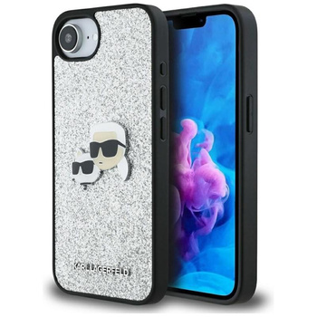 Karl Lagerfeld Fixed Glitter Karl & Choupette Heads Metal Pin - pouzdro pro iPhone 16e (stříbrné)