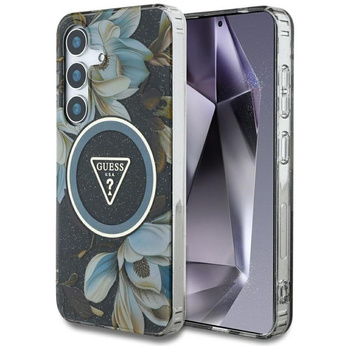 Guess Glitter Flowers Triangle Buttons MagSafe - Tasche für Samsung Galaxy S25 (schwarz)