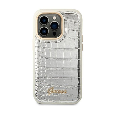 Guess Croco Collection - pouzdro pro iPhone 14 Pro (stříbrné)