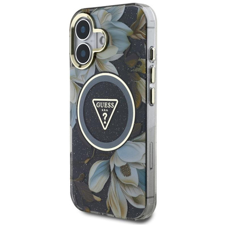 Guess Glitter Flowers Triangle Buttons MagSafe - étui pour iPhone 16 (noir)