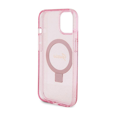 Guess Ring Stand Script Glitter MagSafe - iPhone 15 Hülle (rosa)