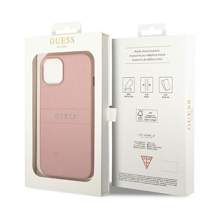 Guess Saffiano Metal Logo Stripes - Hülle für iPhone 14 Plus (Pink)