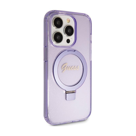 Guess Ring Stand Script Glitter MagSafe - iPhone 15 Pro Max Tasche (Violett)