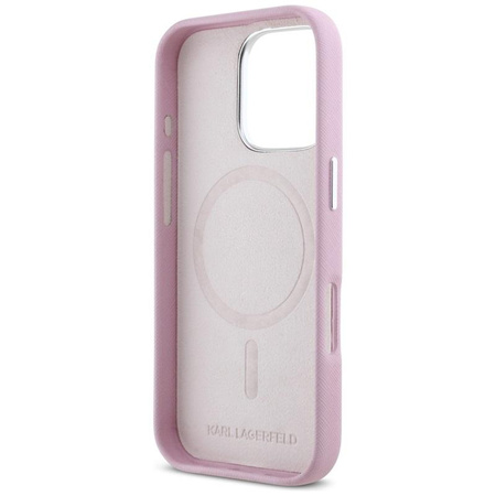 Karl Lagerfeld Saffiano Full Wrapped Elongated Metal Logo MagSafe - Hülle für iPhone 16 Pro Max (rosa)