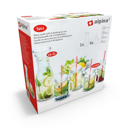 Alpina - set de pots à boissons en verre avec pailles 4 pcs. avec une carafe de 1 L