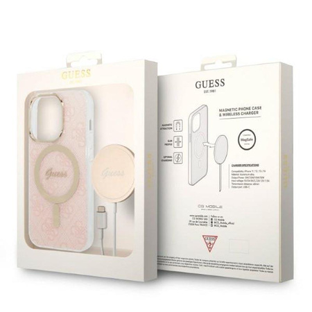 Guess Bundle Pack MagSafe 4G - sada pouzdra pro iPhone 14 Pro + nabíječka MagSafe (růžová/zlatá)