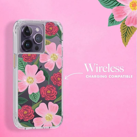 Rifle Paper Clear - pouzdro na iPhone 14 Pro zdobené zlatem (Rose Garden)