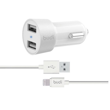 Budi - Nabíječka do auta 2x USB, 24W + Lightning kabel 1,2 m (bílá)