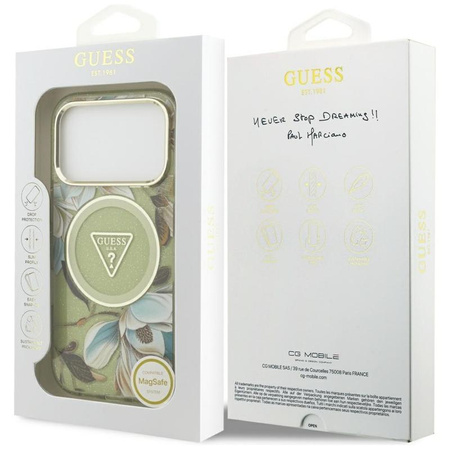 Guess IML Glitter Flowers Triangle MagSafe - Hülle iPhone 17 Pro (grün)