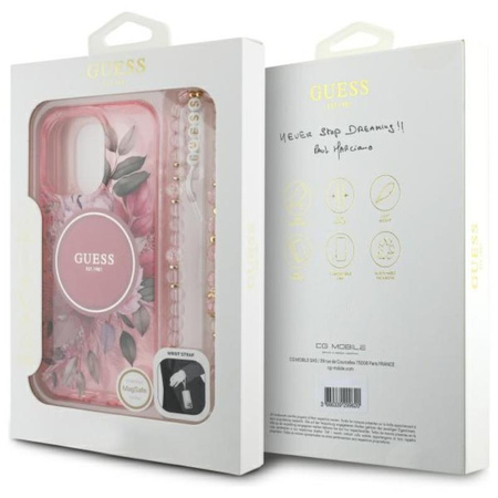 Guess IML Flowers With Pearl Strap MagSafe Case - iPhone 16 Pro Max (rose)