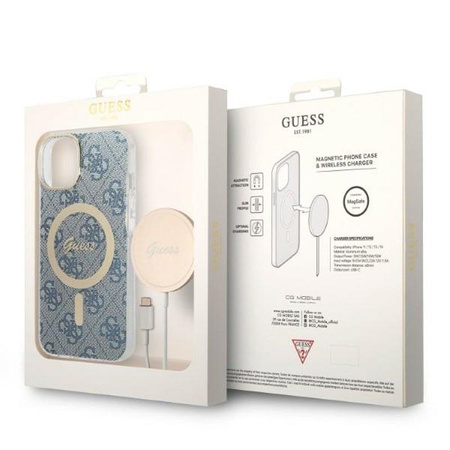 Guess Bundle Pack MagSafe 4G - sada pouzdra pro iPhone 14 + nabíječka MagSafe (modrá/zlatá)