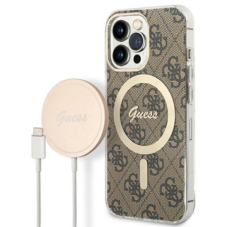 Guess Bundle Pack MagSafe 4G - MagSafe iPhone 13 Pro Max Tasche + Ladegerät-Set (braun/gold)