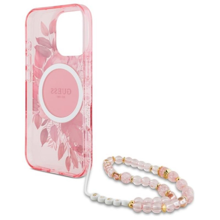 Guess IML Flowers With Pearl Strap MagSafe - Case for iPhone 16 Pro Max (Pink)