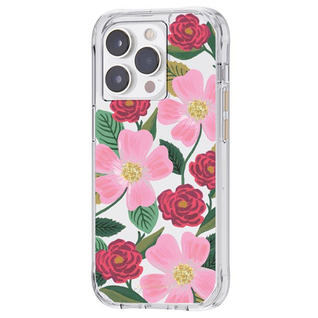Rifle Paper Clear - pouzdro na iPhone 14 Pro zdobené zlatem (Rose Garden)