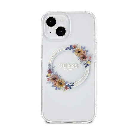 Guess IML Flowers Wreath MagSafe - pouzdro pro iPhone 15 (průhledné)