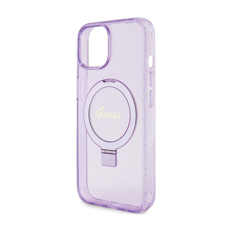 Guess Ring Stand Script Glitter MagSafe - iPhone 15 Plus tok (lila)