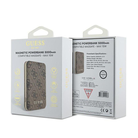 Guess 4G Leather Metal Logo MagSafe - indukční powerbanka 5000 mAh 15W MagSafe (hnědá)