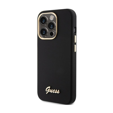 Guess Silikon Script Metall Logo & Rahmen - iPhone 15 Pro Tasche (schwarz)