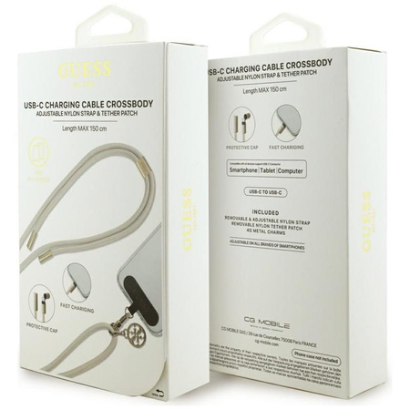 BEŻOWY KABEL USB C 1.5M SZYBKIE ŁADOWANIE GUESS PASEK DO TELEFONU CROSSBODY