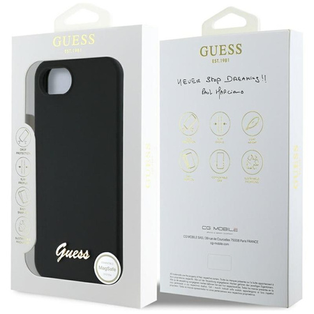 Guess Silicone Script Metal Logo MagSafe - Etui do iPhone 16e (czarny)