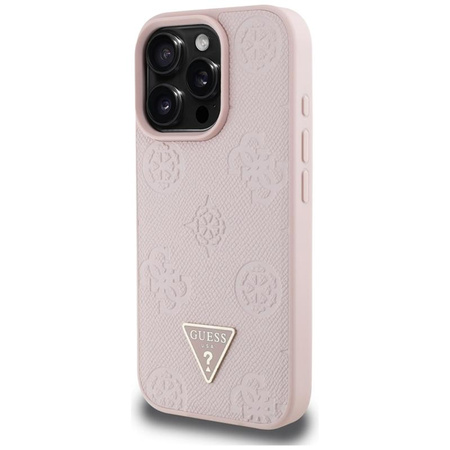 Guess Grained Hot Stamp Peony Triangle Logo MagSafe - pouzdro pro iPhone 16 Pro (růžové)