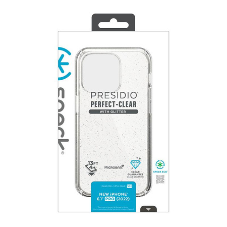 Speck Presidio Perfect-Clear avec paillettes - Coque pour iPhone 14 Pro avec revêtement MICROBAN (transparent / paillettes d'or)