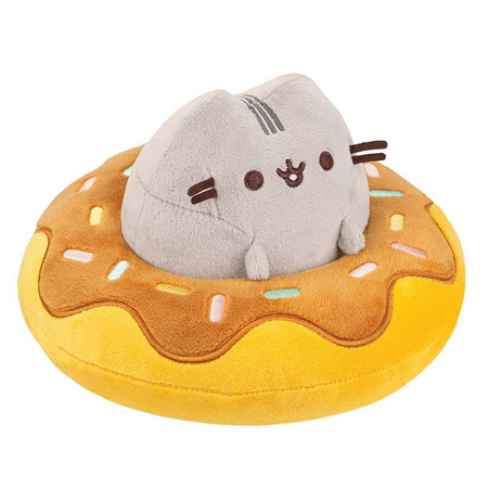 PUSHEEN CAT MASCOT IN CHOCOLATE DOG, Plush Cat with Donut, 18 cm
