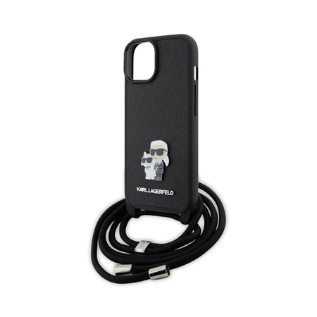 Karl Lagerfeld Crossbody Saffiano Metal Pin Karl & Choupette - pouzdro na iPhone 15 (černé)
