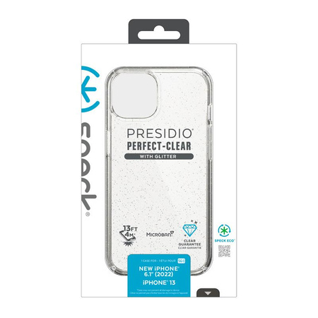 Speck Presidio Perfect-Clear with Glitter - iPhone 14 / iPhone 13 Case with MICROBAN Coating (Clear / Gold Glitter)