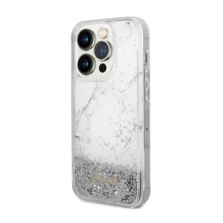 Guess Liquid Glitter Marble - iPhone 14 Pro Max Tasche (Weiß)