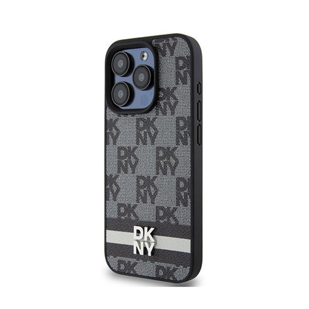 DKNY Leather Checkered Mono Pattern & Printed Stripes - Coque pour iPhone 15 Pro Max (noir)