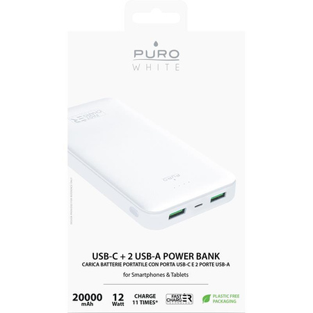 PURO White Fast Charger Power Bank - Powerbanka pro smartphony a tablety 20000 mAh, 2xUSB-A + 1xUSB-C (bílá)